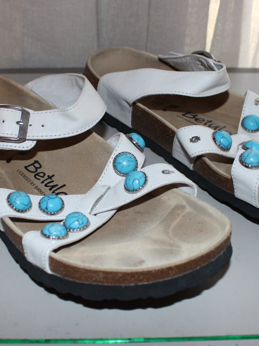 Share Betula Birkenstock Sandals Women’s US 8 White Turquoise Soft Footbed